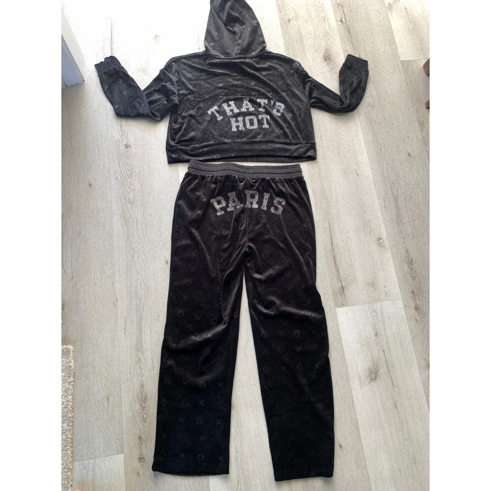 Paris Hilton Thats Hot Velour Tracksuit Set Black Rhinestone Y2K Hoodie Pants M